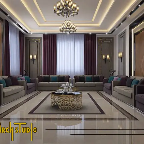 Rendered formal seating hall with deep maroon floor-length curtains, twin sputnik-style chandeliers, diamond-inlaid wall panels, gold wall sconces