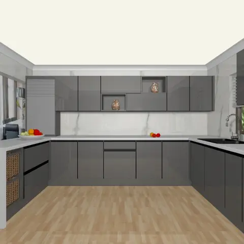 Rendered grey glossy handleless U-shaped kitchen with a marble-effect backsplash and wall, open display cutouts above the counter