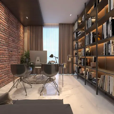 Rendered home study with an exposed red-brick feature wall, a glass desk facing the window
