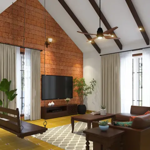 Rendered Kerala-style living hall where an exposed laterite block wall rises to a sloping white soffit crossed by dark teak rafters