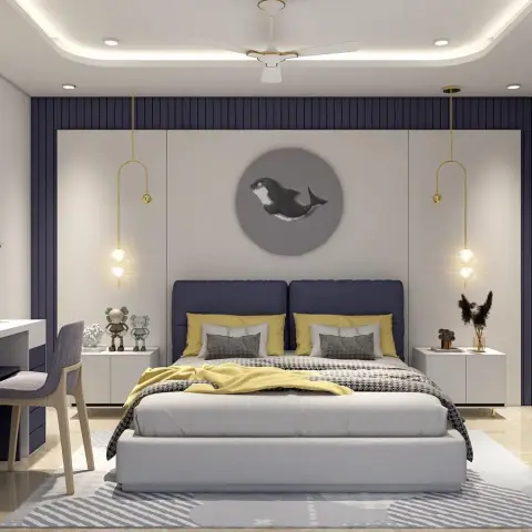 Rendered kids' bedroom with a navy fluted-panel headboard wall, a circular whale artwork, gold arc pendant lights, mustard and grey bedding
