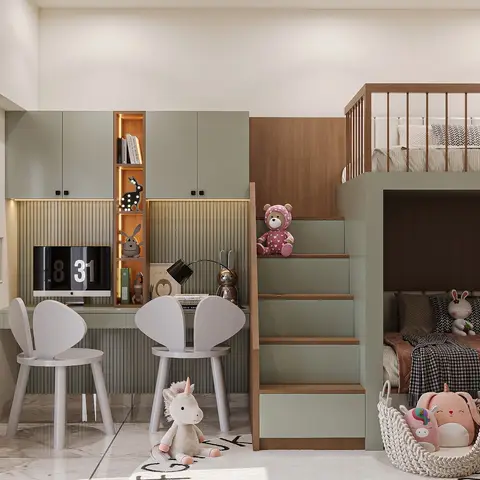 Rendered kids' bedroom with a sage-green loft bunk bed over a built-in stair-drawer unit, and a matching study nook with rabbit-ear chairs, render.