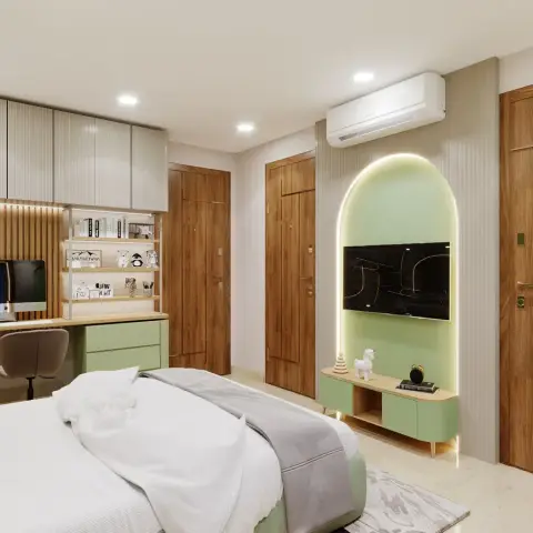 Rendered kids' bedroom with a sage-green built-in study desk and open shelving styled with toys and books, a backlit arched TV niche in matching green