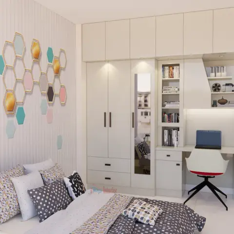 Rendered kids' room where a scatter of gold-outlined hexagons in blush, mint and grey climbs the wall above the bed
