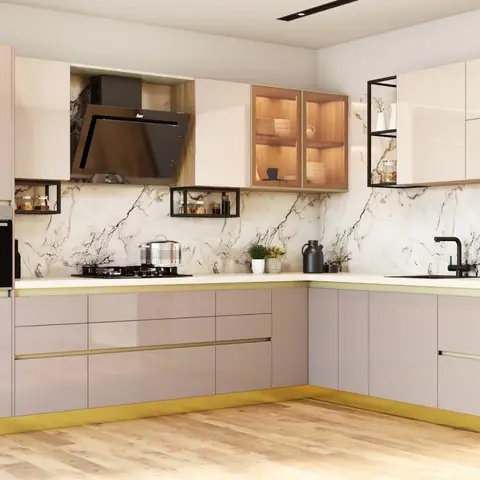 Rendered L-shaped kitchen with glossy blush-pink shutters trimmed in gold, a marble-slab backsplash, a black chimney hood and cooktop