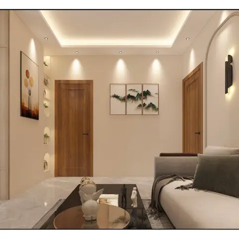 Rendered living room corner with a grey sofa, black glass coffee table styled with figurines, wood veneer doors either side, and a cove-lit ceiling recess