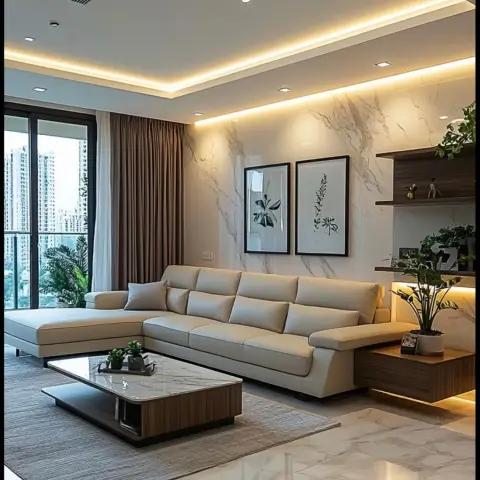 Rendered living room where a cream L-shaped leather sectional faces a book-matched white marble wall hung with two black-framed botanical prints