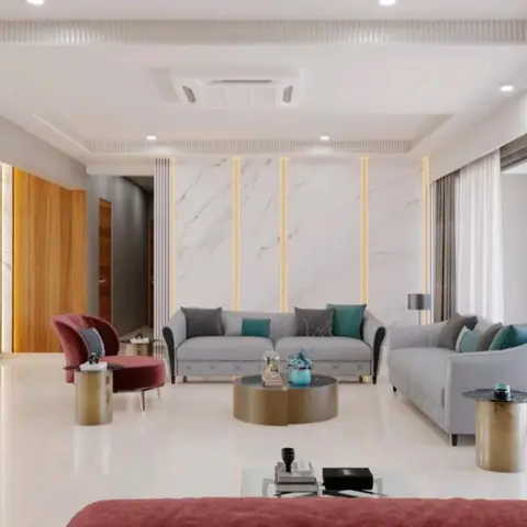 Rendered living room with a backlit marble slab feature wall, grey sofas dressed in teal and grey cushions