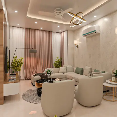 Rendered living room with a blush-curtained window nook, a cove-lit ceiling with fan and chandelier, and a beige sectional facing a gallery wall.