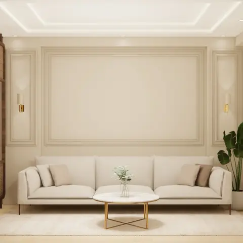 Rendered living room with a cream moulded panel accent wall behind an off-white sofa, a round marble-and-gold coffee table, and a cane room-divider screen.