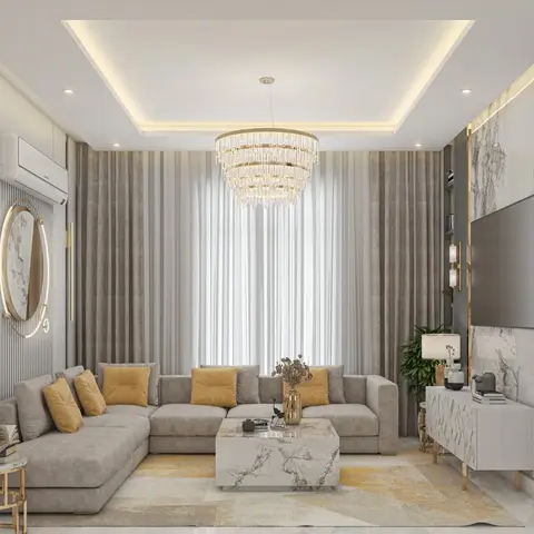 Rendered living room with a grey L-shaped sofa and mustard cushions, a tiered crystal chandelier, a round gold-framed mirror