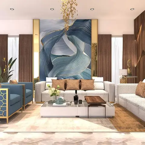 Rendered living room with a large abstract blue-and-gold canvas flanked by brass trim, teal cracked-pattern accent chairs, grey sofas