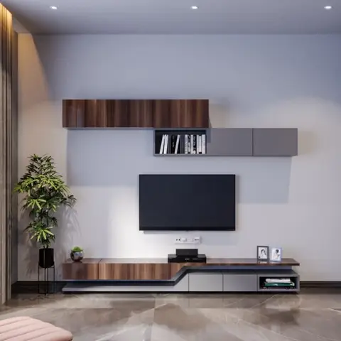 Rendered living room with a mixed wood-and-grey wall-mounted TV unit, an open book shelf, gallery-framed botanical prints and marble flooring