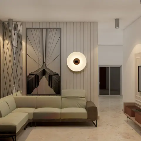 Rendered living room with a sage-green L-shaped sectional facing a fluted panelled wall that holds a large black-and-white architectural photograph and a round