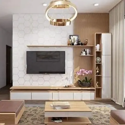 Rendered living room with a white hexagonal-tile TV feature wall flanked by a fluted wood display column, a gold ring pendant light overhead