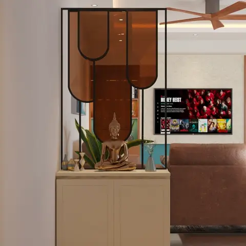 Rendered living room with an arched amber-glass partition screen framing a brass Buddha statue on a cream console