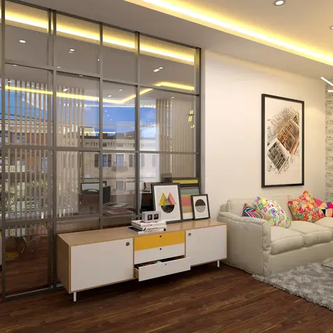 Rendered living room with an exposed-brick gallery wall of framed prints, a gold branch chandelier