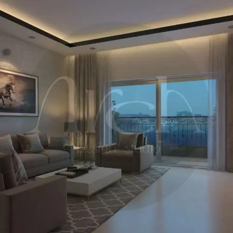 Rendered living room with brown fabric sofas around a white coffee table, cove-lit ceiling