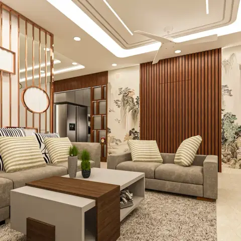 Rendered living room with grey striped-cushion sofas around a two-tier wood-and-white coffee table, a rose-gold metal jaali partition with a round mirror
