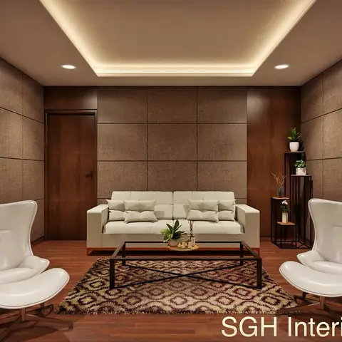 Rendered living room with upholstered fabric wall panelling, a cove-lit ceiling, a cream sofa flanked by white swivel accent chairs and a patterned area rug