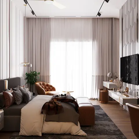 Rendered luxury bedroom with a grey upholstered bed, tan leather tufted armchair, sheer floor-to-ceiling drapes
