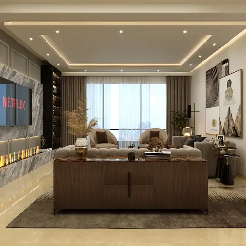 Rendered luxury living room with a grey marble TV feature wall, a built-in linear fireplace, box-coffered cove ceiling and a fluted-wood coffee table