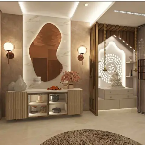 Rendered marble-clad entrance foyer with an organic bronze mirror over a fluted console, opening into a backlit Om pooja niche with a Ganesha idol.