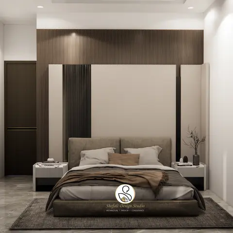 Rendered master bedroom with a fluted wood-panelled headboard wall, upholstered bed, matching ribbed nightstands and a dark area rug on marble-look flooring.