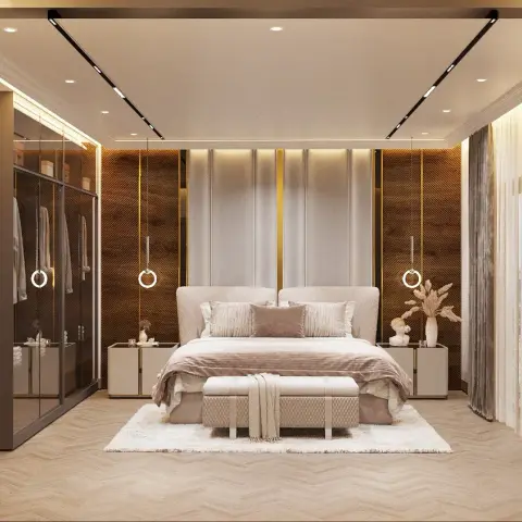 Rendered master bedroom with a fluted cream headboard panel flanked by dark walnut panels with brass inlay strips