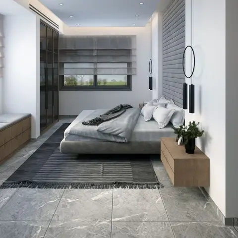 Rendered minimalist bedroom with a floating grey upholstered bed, twin ring pendant lights