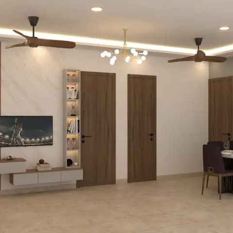 Rendered open living-dining layout with a wood-and-marble TV feature wall on one side and a moulded-panel dining wall with a round wall clock on the other