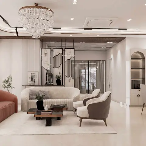 Rendered open living-dining space with a rust curved sofa, marble-top coffee tables, crystal chandelier