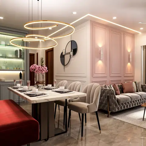 Rendered open-plan dining-living space with a blush pink panelled wall, a gold ring pendant light over a marble dining table