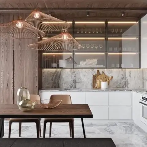 Rendered open-plan kitchen and dining space with a marble slab backsplash, glass-front upper cabinets for glassware, white lower units
