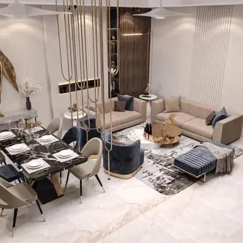 Rendered open-plan living-dining space with book-matched black marble dining table, navy velvet seating