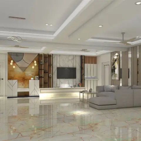 Rendered open-plan living room with a coffered cove-lit ceiling, amber-and-marble geometric TV feature wall