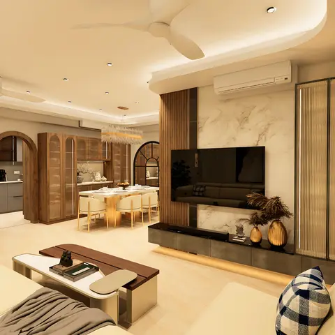 Rendered open-plan space with a marble-clad TV feature wall, a dining table under a crystal chandelier, and a glimpse of the kitchen through an archway.