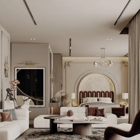 Rendered open-plan suite with an arched upholstered bed alcove and a separate lounge seating area sharing one continuous space