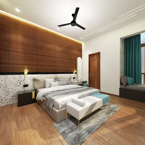 Rendered primary bedroom suite with a full-height fluted wood headboard wall on terrazzo, a floor-to-ceiling wardrobe wall