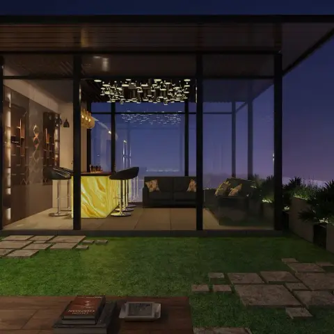 Rendered rooftop terrace lounge with a glass-walled pavilion housing a backlit amber onyx bar counter, dark leather sofa seating