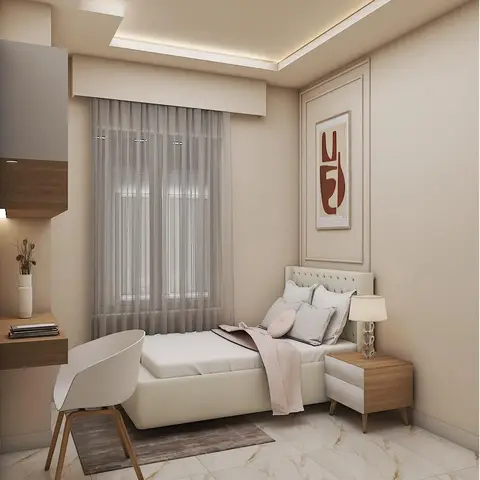 Rendered single-bed bedroom with a wall-mounted study desk and a framed abstract print on a moulded panel above the headboard.