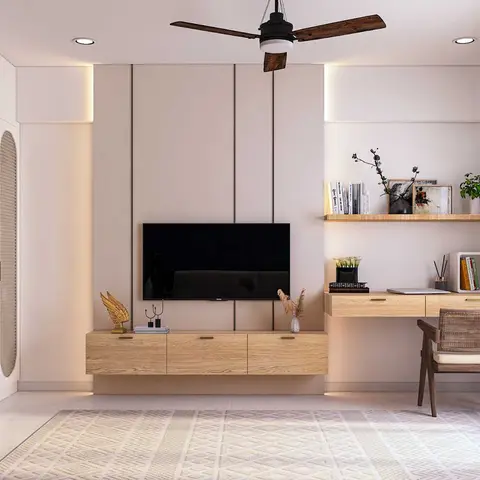 Rendered study nook beside an arched cane-front wardrobe wall, with a floating wood TV console, a wall-mounted wood study desk with rattan chair