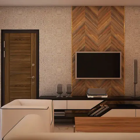 Rendered TV wall of chevron-laid wood veneer bordered by warm LED reveals, standing against medallion-print wallpaper next to a dark walnut flush door