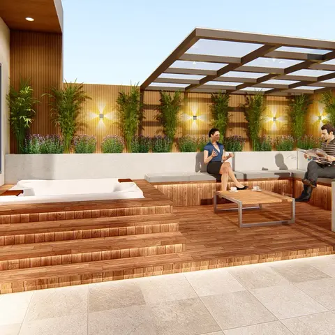 Rooftop timber deck with a built-in jacuzzi, a slatted wood privacy wall lined with potted bamboo