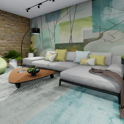 Room-planner render of a living room with a rough sandstone-clad side wall, a large pastel abstract mural behind a grey L-shaped sofa