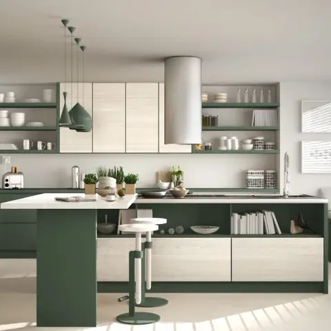 Sage-green and pale-oak kitchen render with a cylindrical extractor hood over the island, four cone pendants on cords