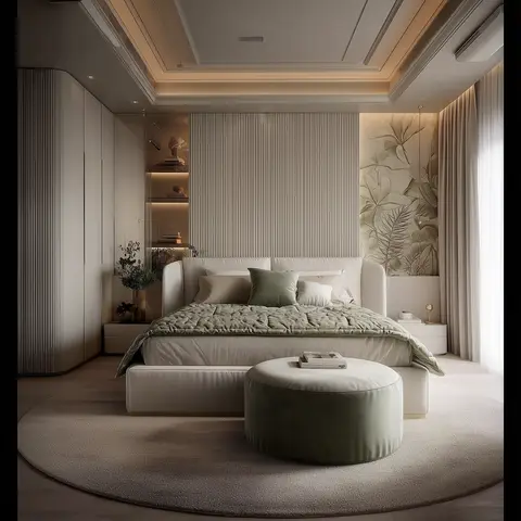 Sage-green bedding and a round pouf anchor a cream fluted-panel bedroom with a botanical wallpaper accent wall and a cove-lit tray ceiling.