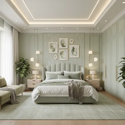 Sage-green bedroom render with a fluted arched headboard, a five-frame botanical gallery wall