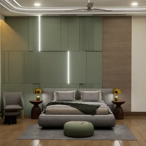 Sage-green block panelling in offset squares, two recessed vertical light slots cut through it