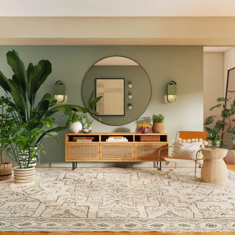 Sage-green feature wall with a cane-fronted wooden media console, a large black-rimmed round mirror flanked by two olive capsule sconces